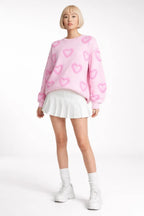 Full body view of the model wearing Heart Shape Bubble Sleeve Baggy Sweater