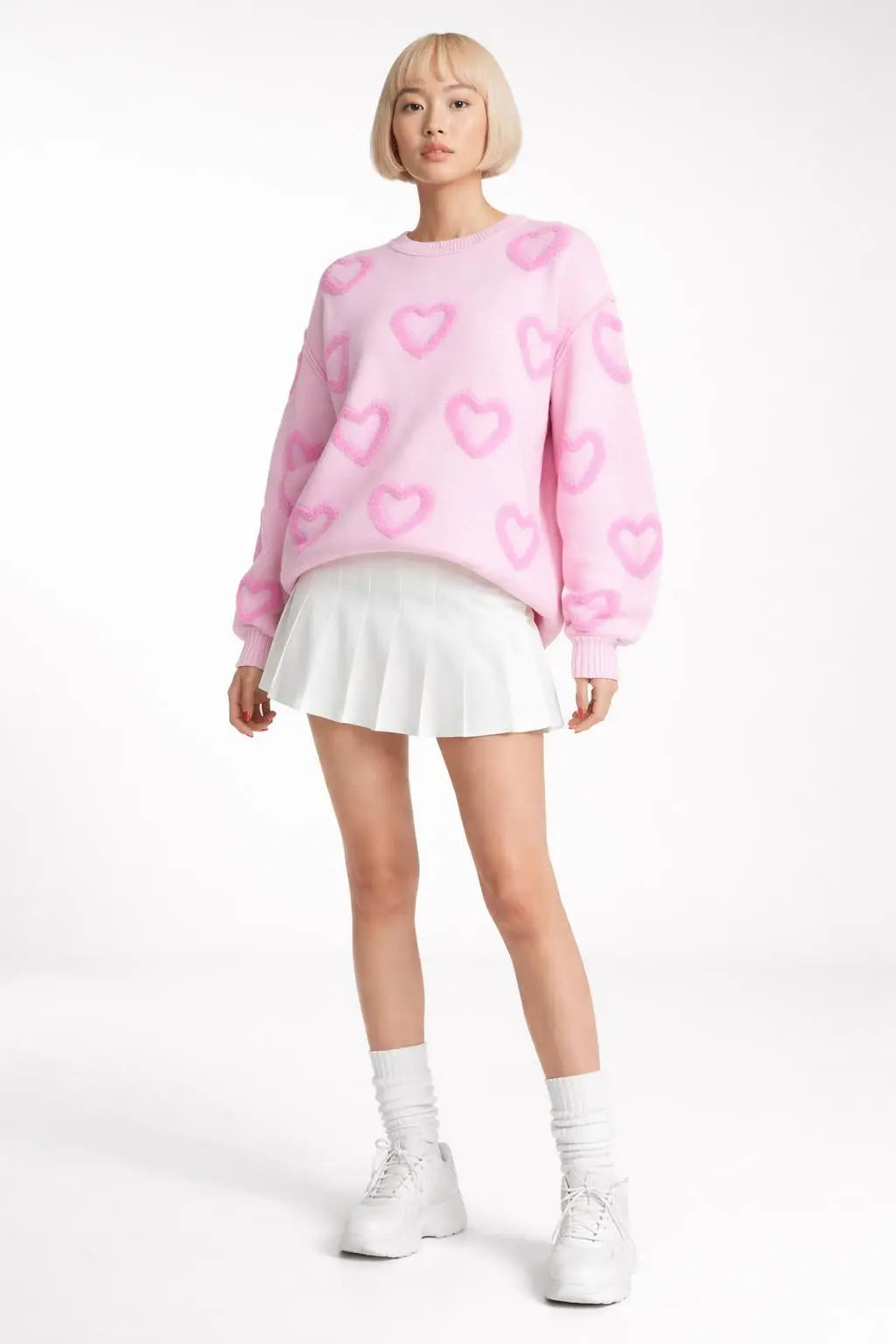 Full body view of the model wearing Heart Shape Bubble Sleeve Baggy Sweater